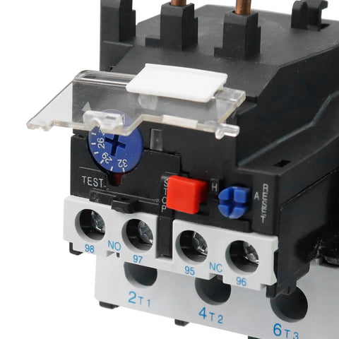 Close-up of a Thermal Overload Relay 23 to 32A For Electric Motors 690V Rated Insulation, showing terminals and reset button.