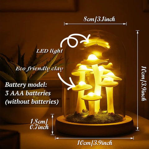 Mushroom Night Light In Glass Dome With Wooden Base LED Decor Lamp showcasing eco-friendly clay mushrooms under warm LED glow, dimensions provided.