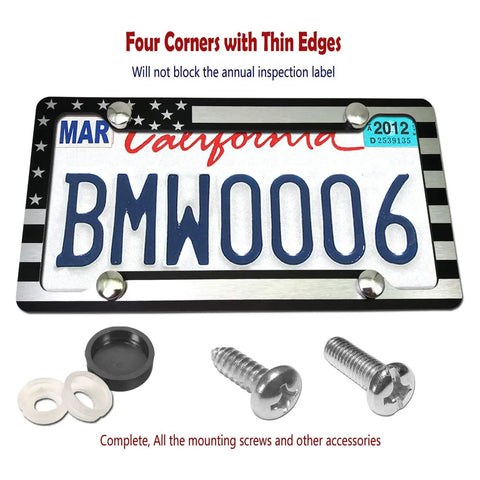 American Flag Aluminum License Plate Frame With Anti Rattle Foam Pad And Screws For Cars And Trucks Front Or Rear Tag Holder Built Tough Weatherproof Rust Resistant Thin Blue Line Black And White Stripes with accessories displayed.