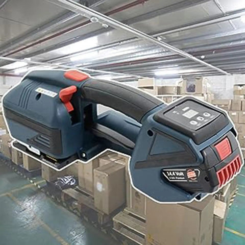 Heavy Duty Electric Strapping Machine With 4000 Mah Battery Powered Handheld Baler Tool For 1/2 To 5/8 Inch Steel Strap close-up view in a warehouse.