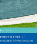 MapleField lawn dye branding banner on teal-blue background with green grass foreground