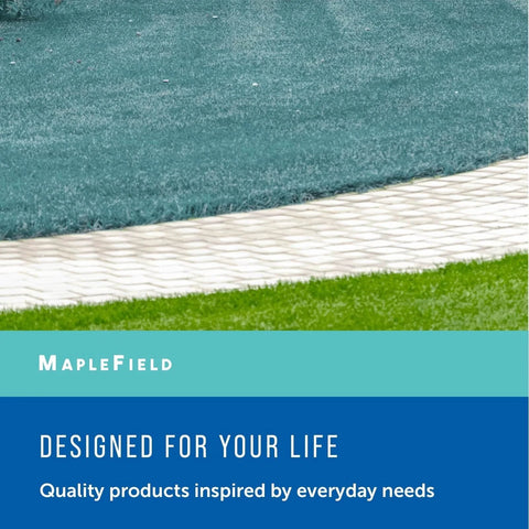 MapleField lawn dye branding banner on teal-blue background with green grass foreground