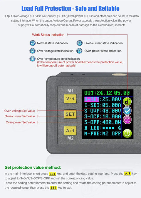6 To 60V To 0 To 50V 20A DC Buck Converter Module With Voltmeter And USB Bluetooth Case showing display settings