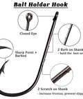 Close-up of bait holder hook with labeled features from Surf Fishing Tackle Kit 130Pcs Saltwater Rigs Set With Fish Finder Rig Live Bait Rigs Include Leaders Pyramid Sinkers Weights Sliders Hooks Swivels And Other Surf Fishing Accessories For Easy Catch.
