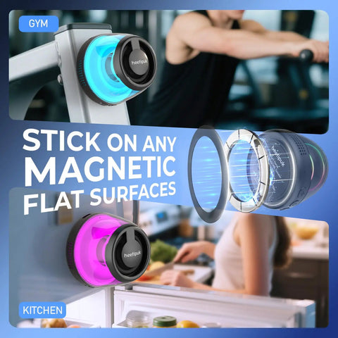 Magnetic Bluetooth Mini Speaker With Bass Diaphragm sticks to gym and kitchen metal surfaces, RGB light glowing.