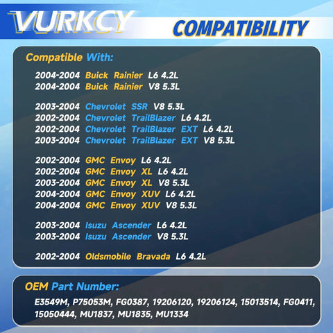 Compatibility chart for Electric Plug And Play Fuel Pump Module Assembly For 2002-2004 Chevy TrailBlazer 2002-2004 GMC Envoy.