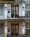 Motion Sensor Wall Sconces Two Pack Dusk To Dawn Outdoor Front Porch Lights Waterproof Auto Night Lighting With Motion Activated Full Brightness Then Dim To Low After One Minute shown on porch during day and night