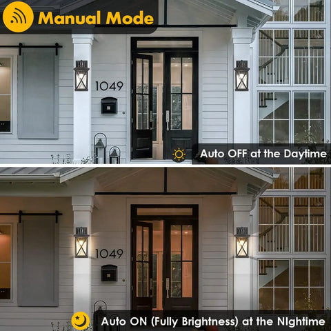 Motion Sensor Wall Sconces Two Pack Dusk To Dawn Outdoor Front Porch Lights Waterproof Auto Night Lighting With Motion Activated Full Brightness Then Dim To Low After One Minute shown on porch during day and night