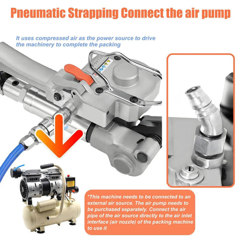 New Style Lightweight Aluminum Pneumatic Strapping Machine With One Button Hot Seal For Pp Pet Banding Up To 3500n Tension air pump connection detail