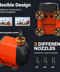 800GPH Submersible Water Pump with three nozzles, shown in orange design, suited for ponds and fountains, interchangeable options visible