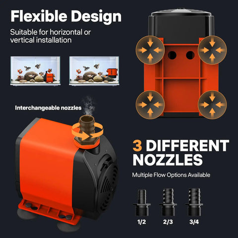 800GPH Submersible Water Pump with three nozzles, shown in orange design, suited for ponds and fountains, interchangeable options visible