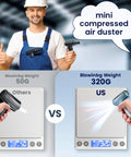 Comparison of blowing weight, mini compressed air duster held by man, showing "Others" at 50g vs 320g for "US".