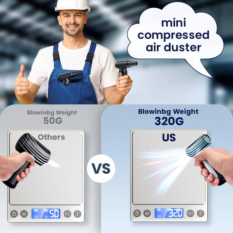 Comparison of blowing weight, mini compressed air duster held by man, showing "Others" at 50g vs 320g for "US".
