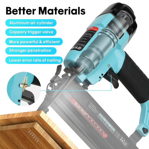 18 Gauge Pneumatic Brad Nailer And Crown Stapler Two In One Kit for DIY Upholstery; close-up of aluminum cylinder and nailer head