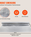 Pro Grade Sauna Foil Vapor Barrier Roll 500 Square Feet Aluminum with non-perforated design, coverage details, and dimensions.