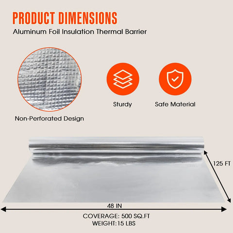 Pro Grade Sauna Foil Vapor Barrier Roll 500 Square Feet Aluminum with non-perforated design, coverage details, and dimensions.
