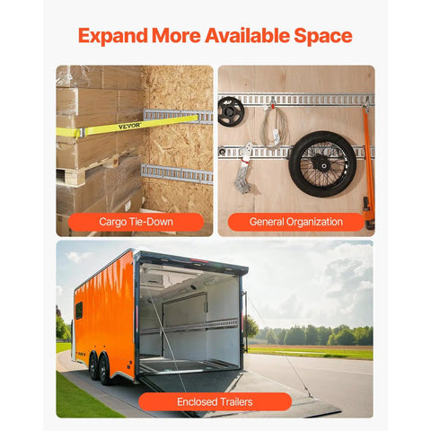 E-Track Tie-Down Rail Kit, 32-Piece 5-Foot Set With 8 Steel Rails used for cargo tie-down and organization in trailers.