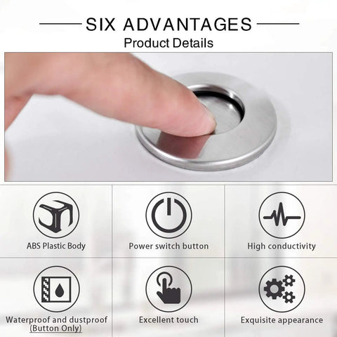 Finger pressing brushed nickel button of Sink Top Air Switch Kit For Garbage Disposal With Long Button Brushed Nickel Finish