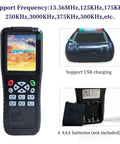 Front and back view of X100 RFID Reader Writer All In One Multi Frequency Copier for Access Control System with battery compartment.