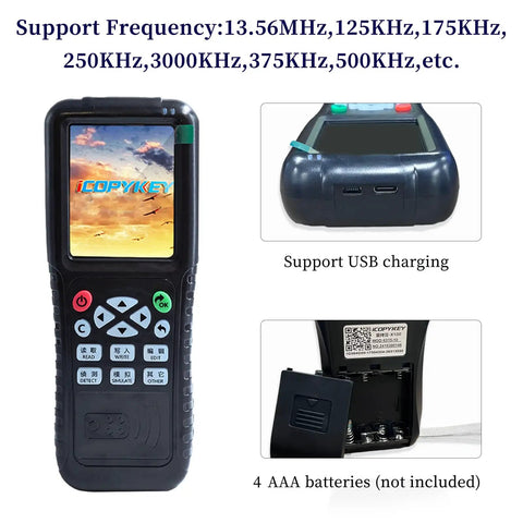 Front and back view of X100 RFID Reader Writer All In One Multi Frequency Copier for Access Control System with battery compartment.