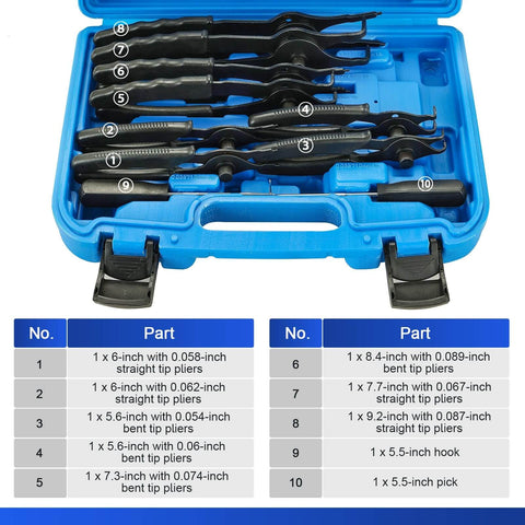 11 Piece Snap Ring Pliers Set With Straight And Bent Retaining Ring Pliers in case, .038 to .09 inch size range.