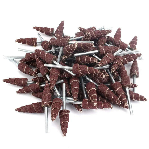Twenty Piece Cone Shaped Sanding Flap Wheel Set with Eighty Grit One Eighth Inch Shank Ideal for Grinding and Polishing Surfaces Grooves Corners and Deburring on Rotary Tools