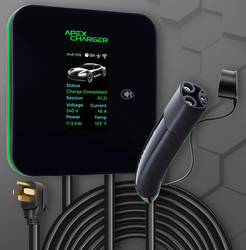 Heavy Duty Level 2 Ev Charger With Tesla Nacs Plug 48 Amp Wall Mount Charging Station with LED display and charging cable.
