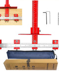 Precision Cabinet Door Handle Jig For Hardware Mounting With 5mm And 4mm Drill Guide, red aluminum jig with ruler and accessories.