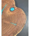 Close-up of 16 Inch Handcrafted Lazy Susan Charcuterie Board With Turquoise Painted Wood Rotating Serving Tray For Cheese And Snacks.
