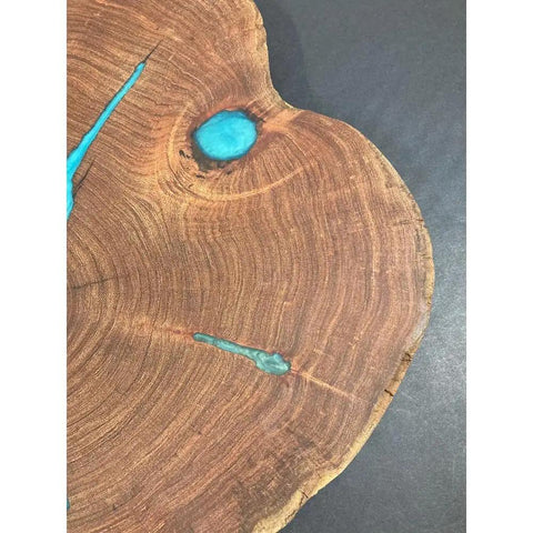 Close-up of 16 Inch Handcrafted Lazy Susan Charcuterie Board With Turquoise Painted Wood Rotating Serving Tray For Cheese And Snacks.