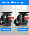 Heavy Duty Leveling Casters For Industrial Machines With Upgraded Ratchet Arm Design Retractable Castors showing fixed and moving positions