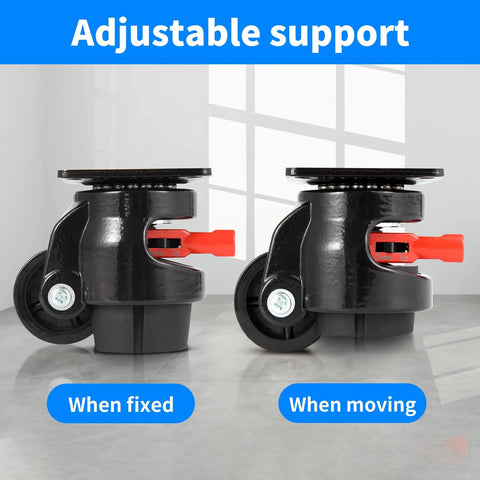 Heavy Duty Leveling Casters For Industrial Machines With Upgraded Ratchet Arm Design Retractable Castors showing fixed and moving positions