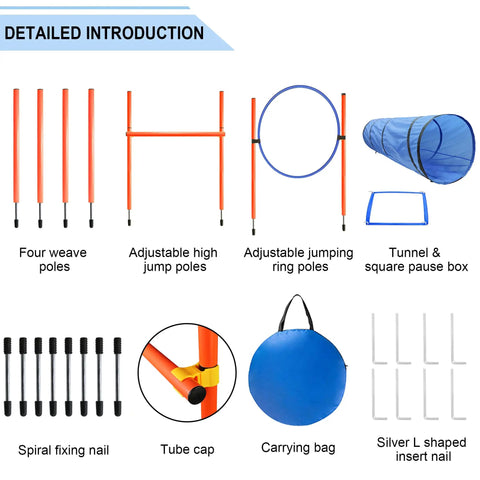 Dog Agility Training Starter Kit With Tunnel, 13 Weave Poles, Adjustable Hurdle, Jump Ring, Pause Box And Carrying Bag For Active Pups Blue