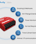 One Channel 16A WiFi Smart Relay Switch with power metering, red, showing features like scripting and power monitoring