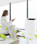 Woman relaxing near air purifier with Replacement Filter For Blue Pure 121 Air Purifier With HEPA And Activated Carbon Breathe Easy 1 Pack