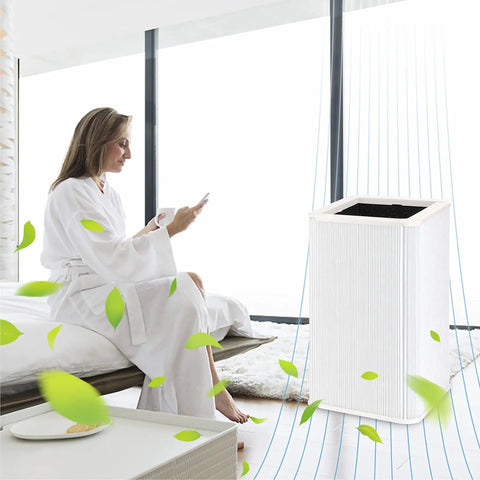 Woman relaxing near air purifier with Replacement Filter For Blue Pure 121 Air Purifier With HEPA And Activated Carbon Breathe Easy 1 Pack