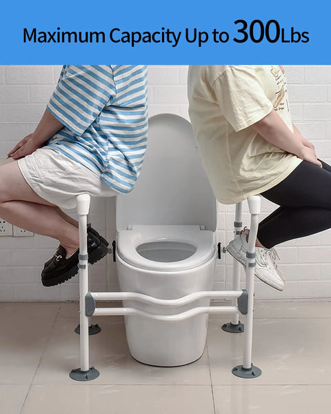 Toilet Safety Rails With Adjustable Handles And Grab Bars For Elderly And Handicap, 300 Lbs Capacity, easy install shown on toilet