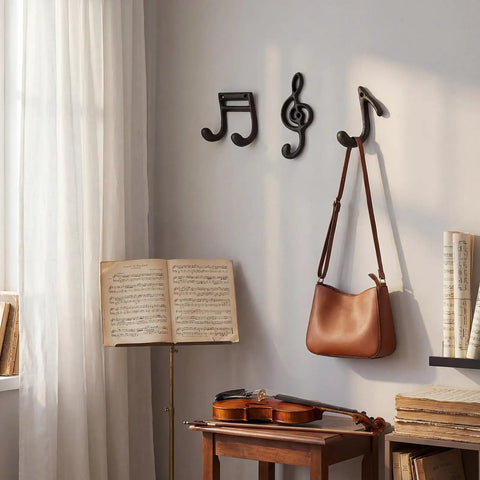 Fresh Black Cast Iron Musical Note Wall Hooks Set Of Three Decorative Coat Rack With Mounting Screws Hanging Clothes Bags And Keys In Music Room Or Kitchen Vibe displayed on a wall with a bag and music sheets.