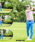 Golf Swing Trainer 48 Inch Warm Up Stick For Strength Tempo Balance And Flexibility Indoor Outdoor Practice Aid showing rhythm, balance, and strength exercises in use by a golfer in striped shirt and blue pants.