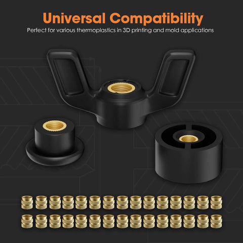 All In One Heat Set Threaded Inserts Kit for 3D Printing M2, M2.5, M3, M4, M5, M6 Brass Knurled Nuts close-up view