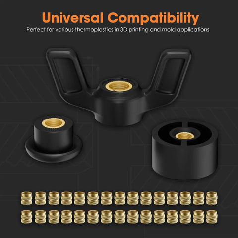 M6 Brass Heat-Set Threaded Inserts For 3D Printing And Plastic Parts, knurled nuts shown with compatible thermoplastic components