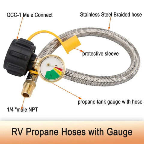 Rugged RV Propane Hose With Gauge Stainless Braided Camper Tank Connector For Standard Two Stage Regulator One Quarter Inch NPT