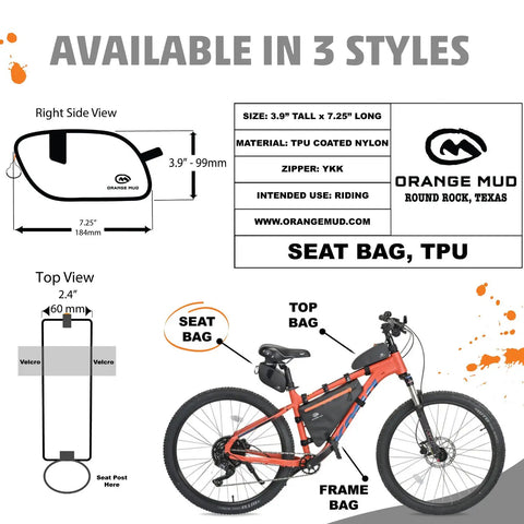 Diagram of waterproof bike seat bag with TPU welded triangle frame and YKK zipper, showing dimensions and material details.