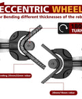 Eccentric wheel on Pro 110V Electric Hydraulic Rebar Bender showing bending capabilities for 16-25mm steel rebar.