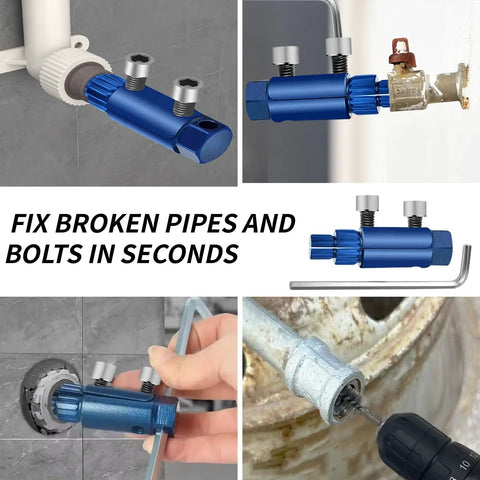Broken Pipe Extractor Tool Kit With 2 Hex Wrenches And 5 Stainless Drill Brushes, Stripped Screw Remover displayed in various uses