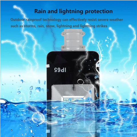 Heavy Duty Solar Security Lights Outdoor With Motion Sensor Floodlight IP65 waterproof design shown in rain and lightning conditions.