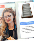 Slick Wooden Sunglasses Display Plate Featuring Seven Grid Slots For Eyeglasses Organization on display with model, showing stylish design.