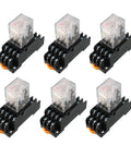 Six Pack AC 110V And 120V 4PDT DIN Rail Power Relay With Socket Set, 14 Terminals, 35mm Mount, Red Indicator, Plastic Shell