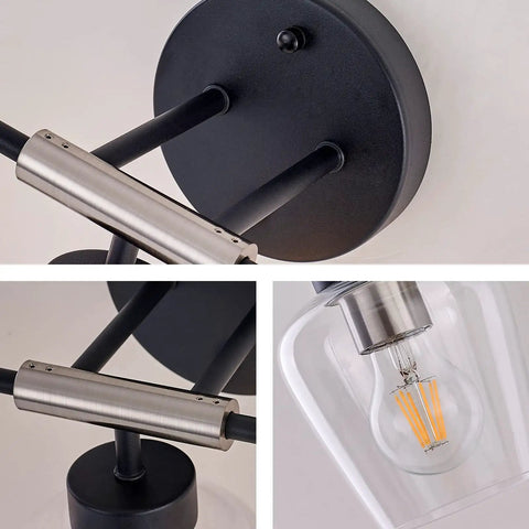 Three Light Vanity Light Fixture With Clear Glass Shades, Matte Black Back Plate And Brushed Nickel Accents, Powder Room Wall Light For Mirror, Modern Industrial Look