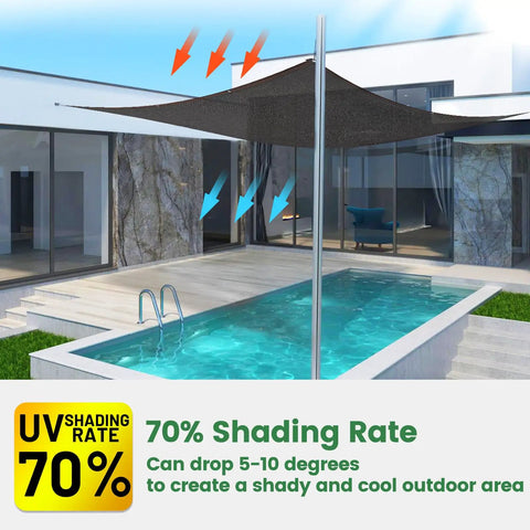 70 Percent Shade Cloth 20x20 Ft HDPE Mesh Tarp With Reinforced Grommets For Outdoor Shade Perfect For Greenhouses Gardens Patios Pergolas Chicken Coops And Outdoor Areas Breathable UV Blocking Sun Shade Net installed above a pool
